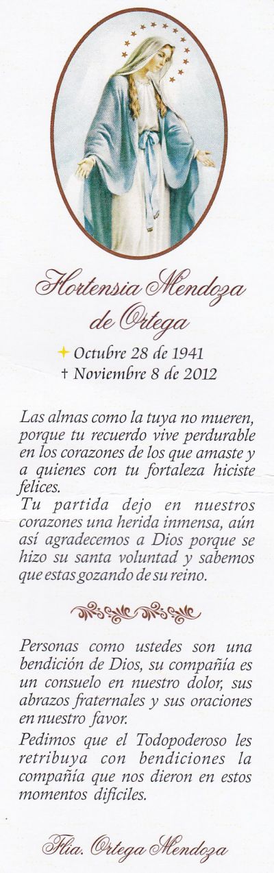 Recordatorio Hortencita Mendoza de Ortega