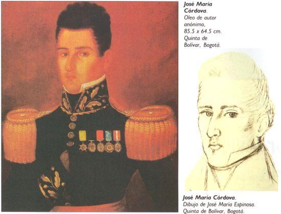 General José María Córdoba, óleo anónimo y dibujo de José María Espinosa